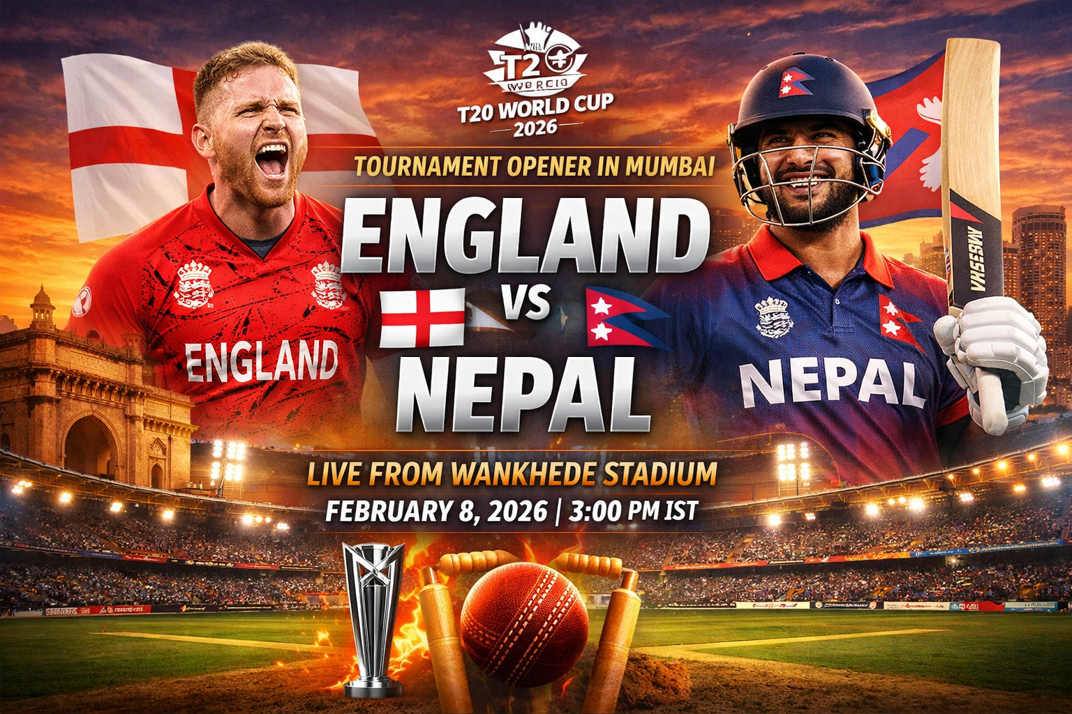 LIVE: England vs Nepal — T20 World Cup 2026 Opener Set for Historic First Clash in Mumbai